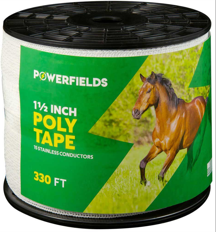 Roll of Powerfields poly tape with a horse on the label
