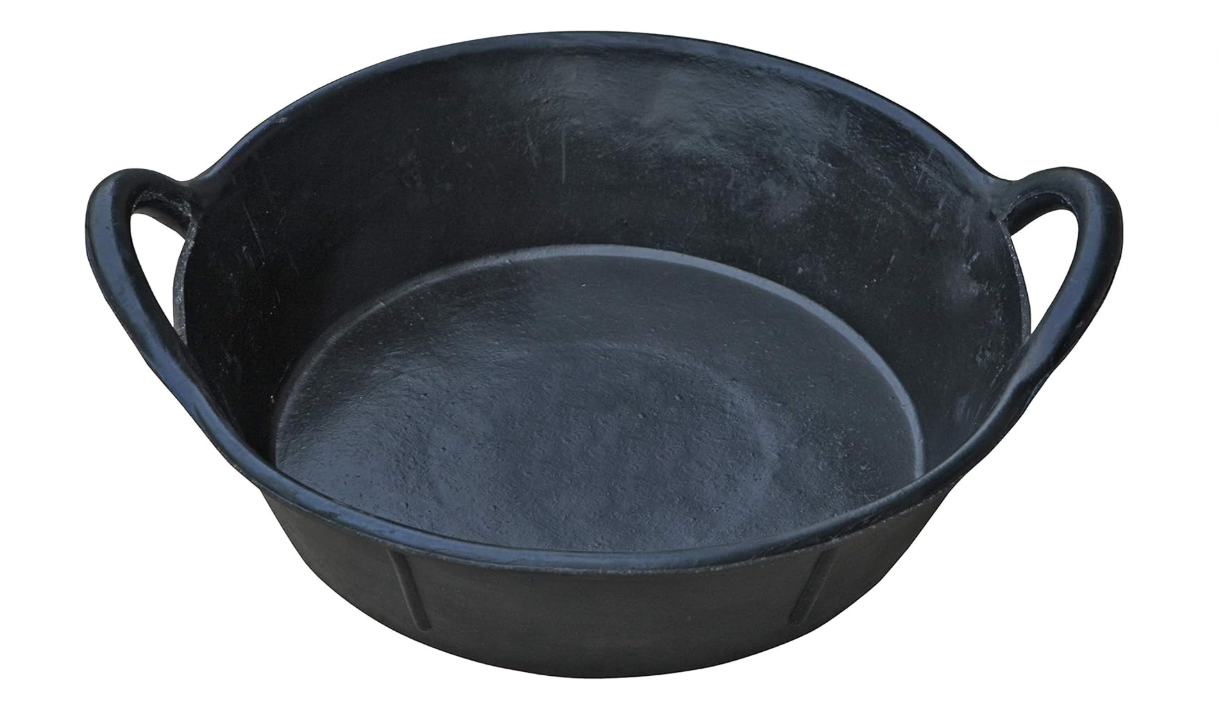 Black rubber feed pan with handles on a white background