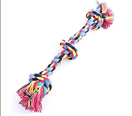 Colorful braided rope toy on a white background
