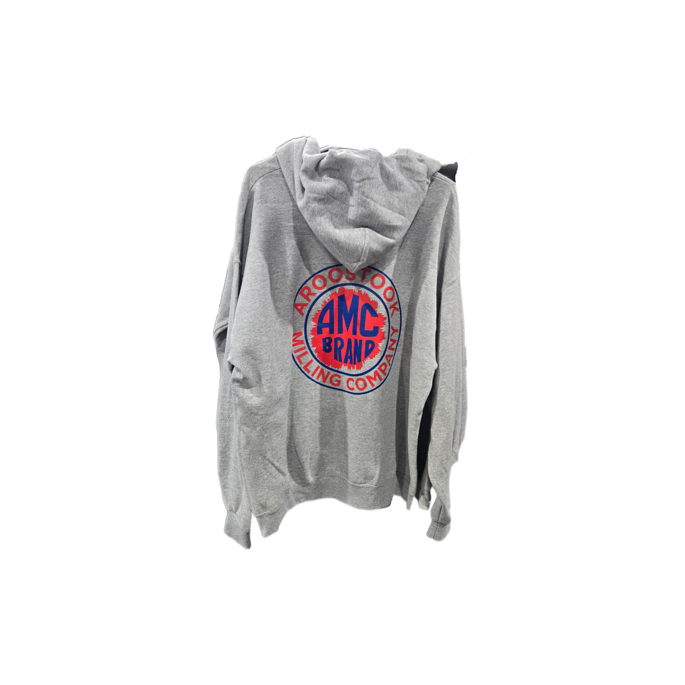 Gray hoodie with a red and blue logo on the back against a white background