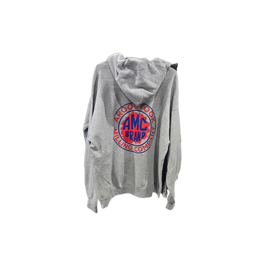 Gray hoodie with a red and blue logo on the back against a white background