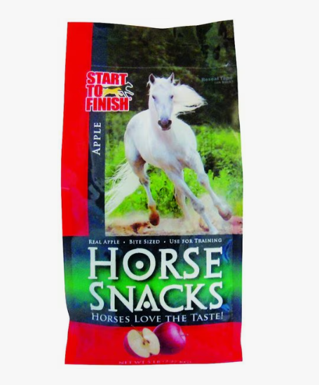 Bag of horse snacks with a white horse on the label