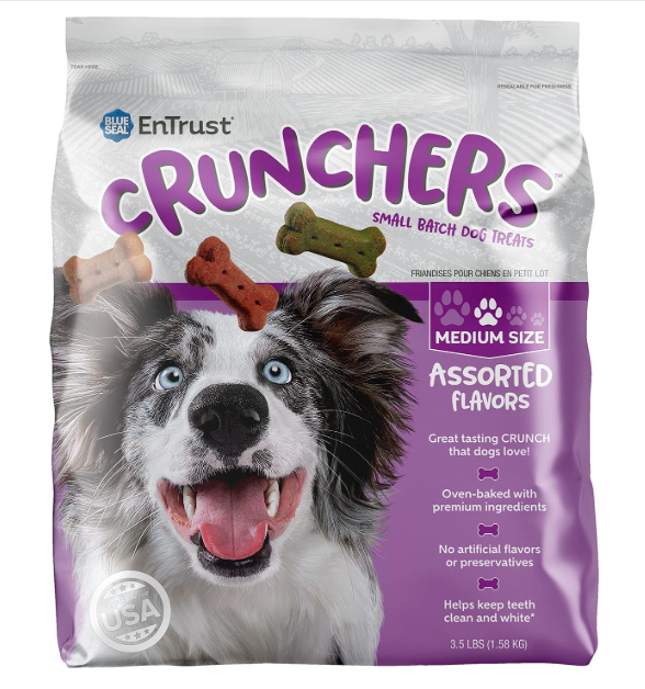 Bag of EnTrust Crunchers dog treats with a dog on the packaging