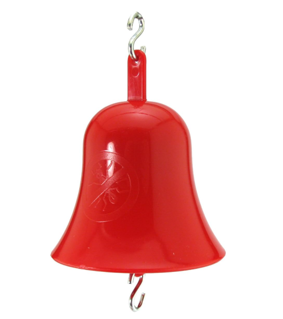 Red bell-shaped ant guard with a hook on a white background