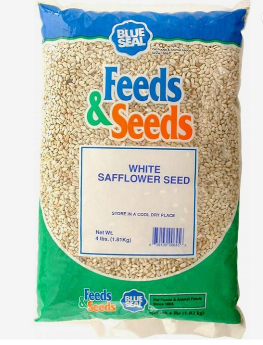 Bag of Feeds & Seeds White Safflower Seed with blue and green packaging.