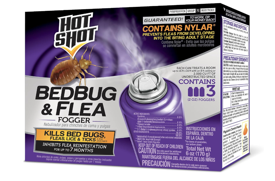 Hot Shot bedbug and flea fogger packaging with purple and white design.