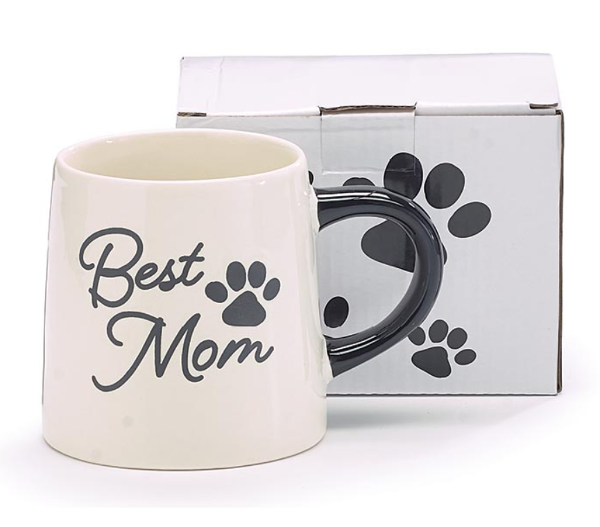 White mug with 'Best Mom' text and paw prints, placed in front of a matching gift box.
