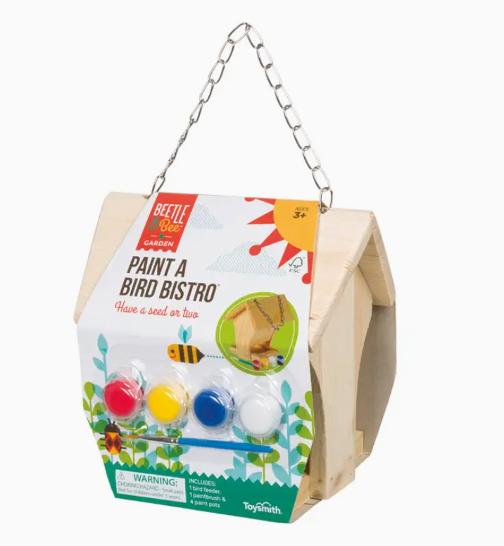 Paint a Bird Bistro kit with wooden structure and paint bottles on a white background
