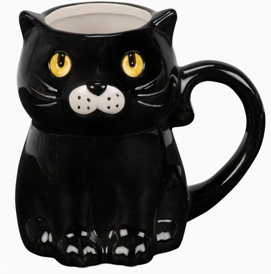 Black cat-shaped coffee mug on a white background.