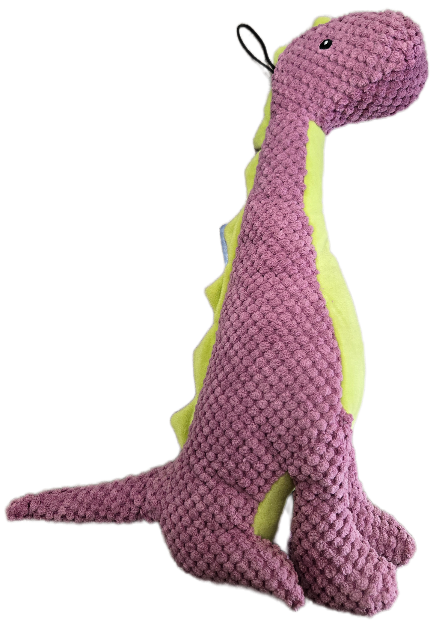 Purple brachiosaurus dog toy on a white background.