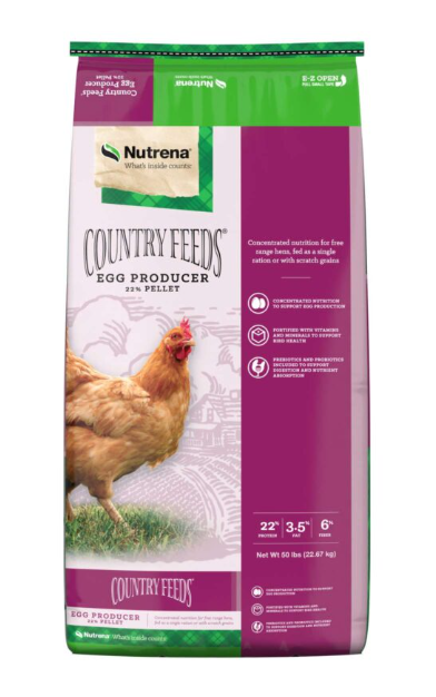 Nutrena Country Feeds Egg Producer feed bag with a chicken image on a white background