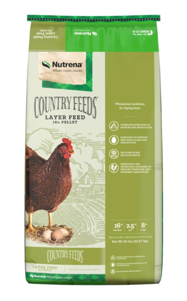 Nutrena Country Feeds Layer Feed packaging with a chicken and eggs illustration on a white background