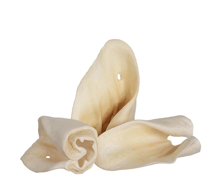 Three natural cow ear dog chews on a white background
