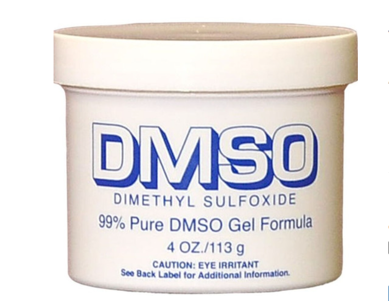 Jar of DMSO Dimethyl Sulfoxide gel on a white background