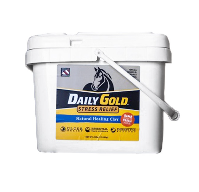 White bucket of Daily Gold Stress Relief Natural Healing Clay with a label on a white background