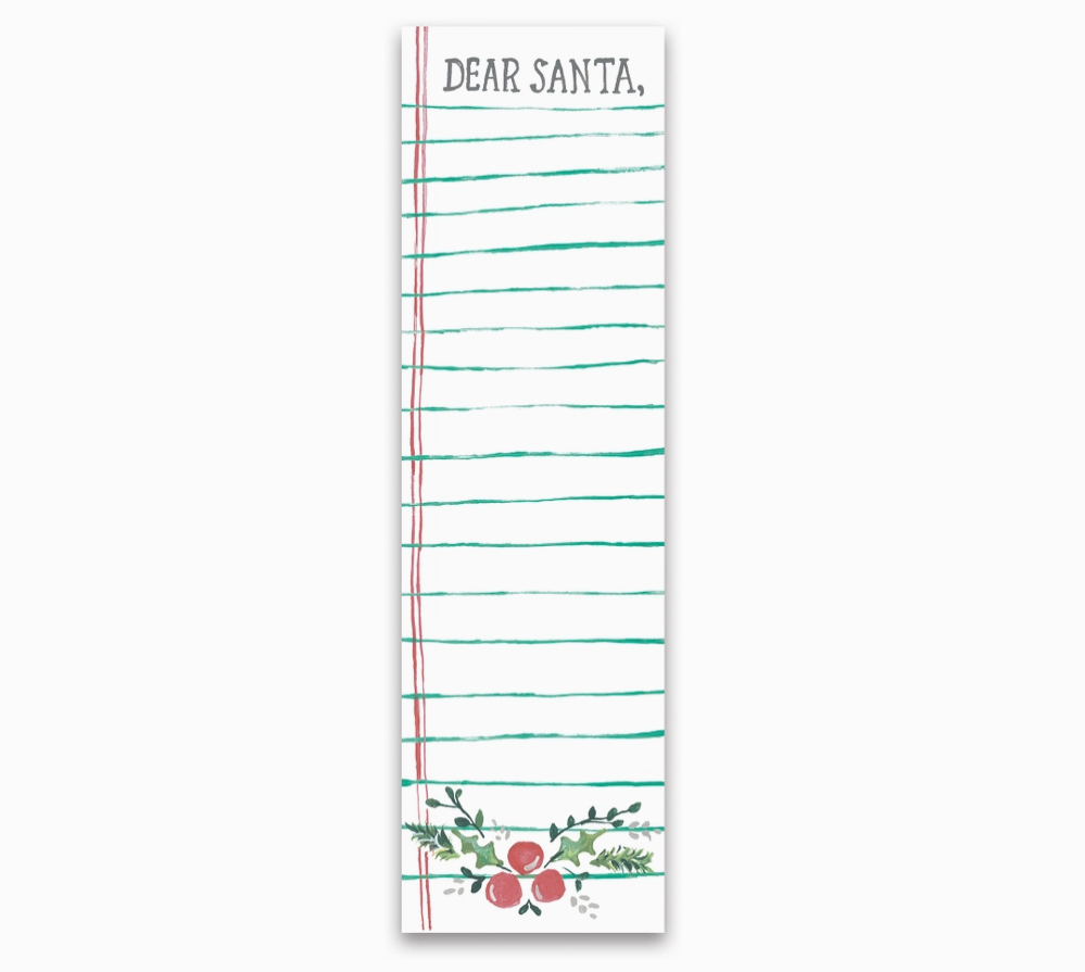 Notepad with 'Dear Santa.' text and holiday design on a white background