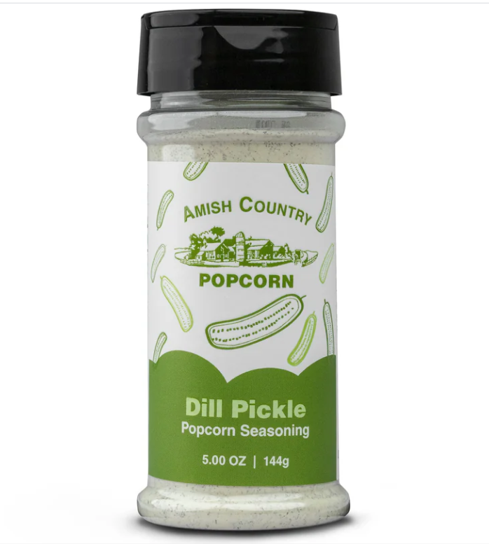 Amish Country Popcorn Dill Pickle popcorn seasoning container on a white background
