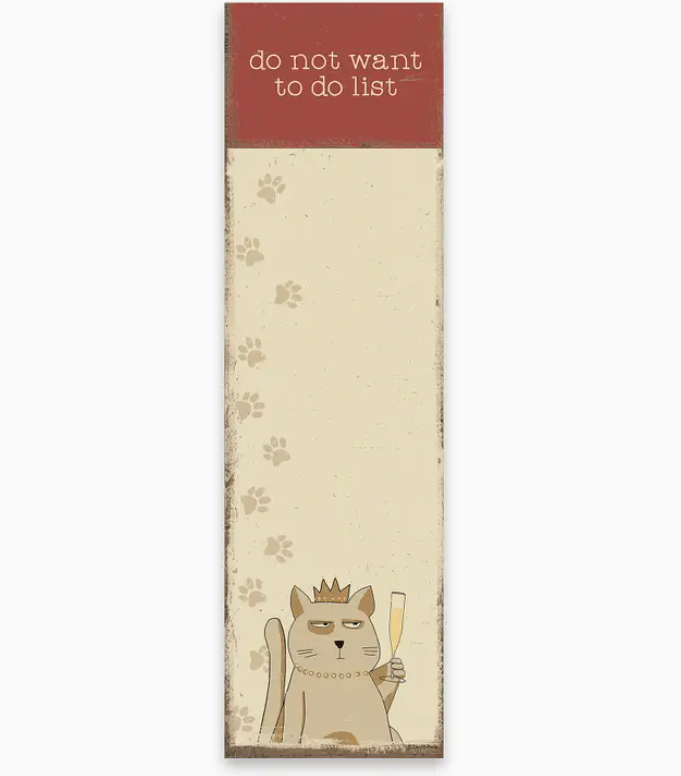 Notepad with a cat illustration and 'do not want to do list' text on a white background