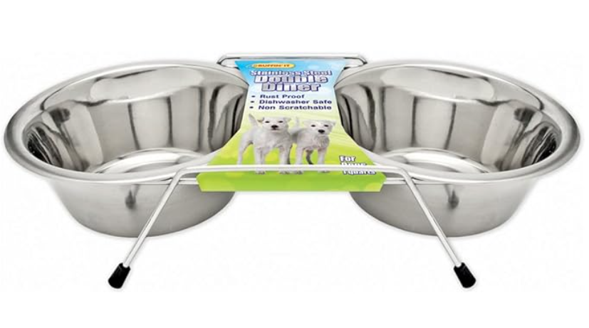 Stainless steel double dog bowl set with packaging on a white background