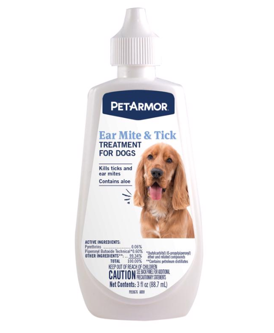 Bottle of PetArmor Ear Mite & Tick Treatment for Dogs on a white background.
