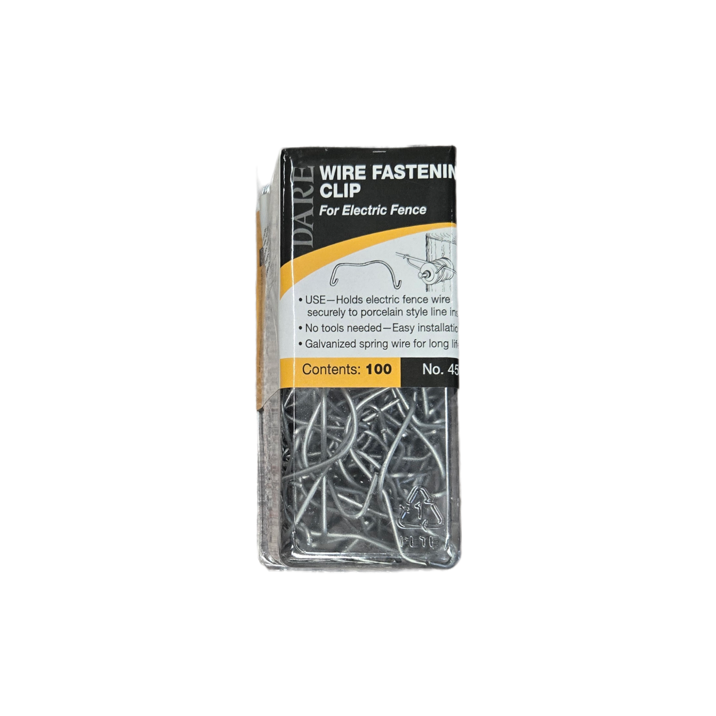 Pack of wire fastening clips for electric fence on a white background