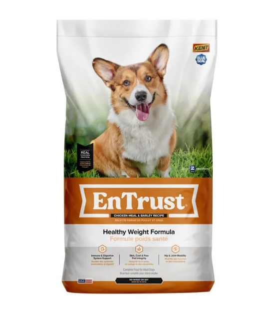 EnTrust dog food package with a dog on the label against a white background