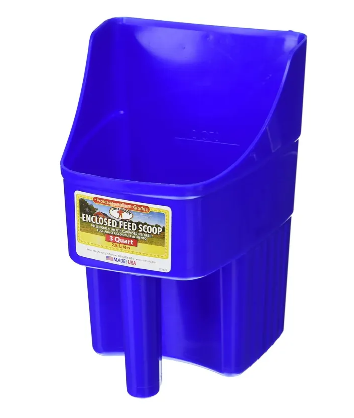Blue enclosed feed scoop with a label on a white background