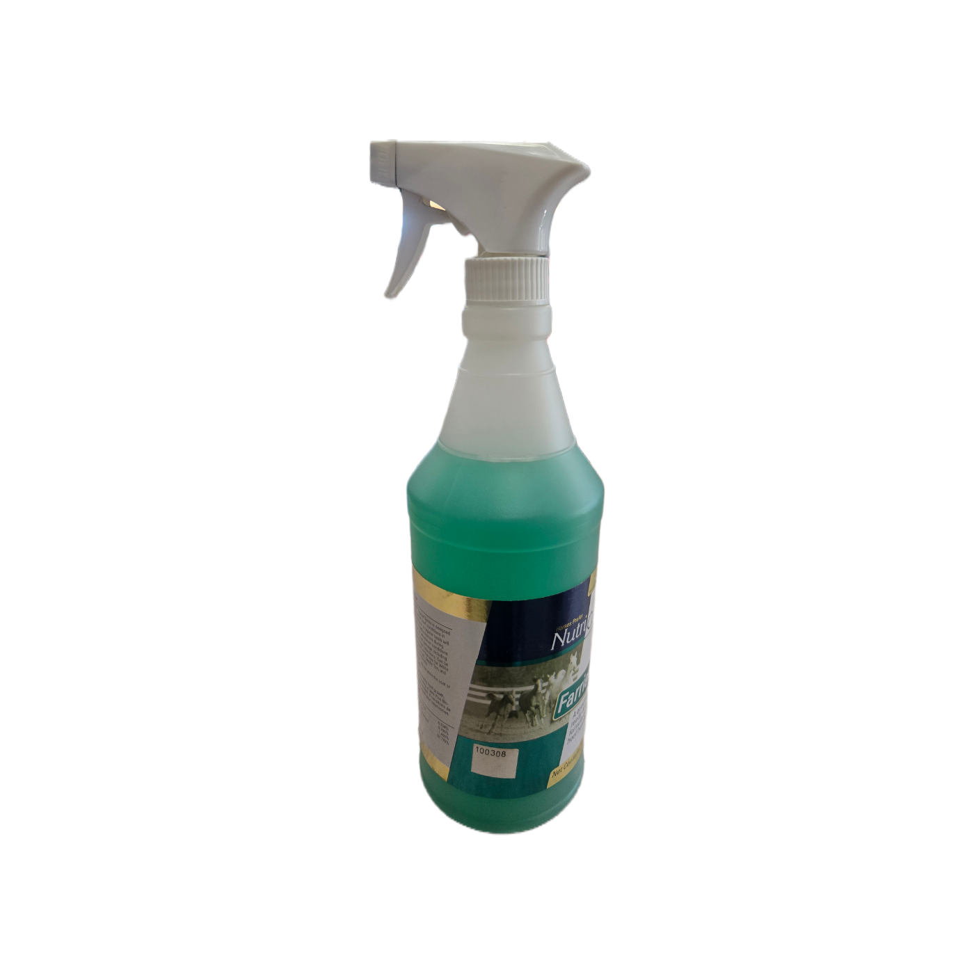 Spray bottle with green liquid and visible label on a white background