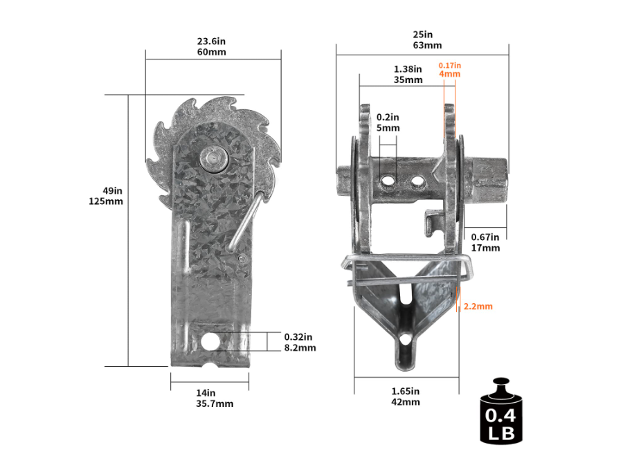Metal fence tightener with dimensions on a white background.