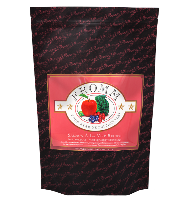 Fromm pet food package with a pink label on a black background