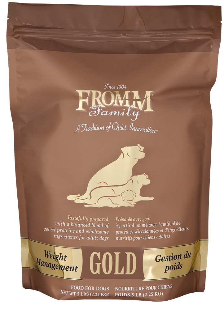 Brown package of Fromm Family Gold dog food for weight management.