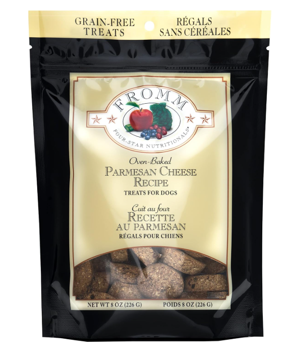Package of Fromm Parmesan Cheese Recipe dog treats on a white background