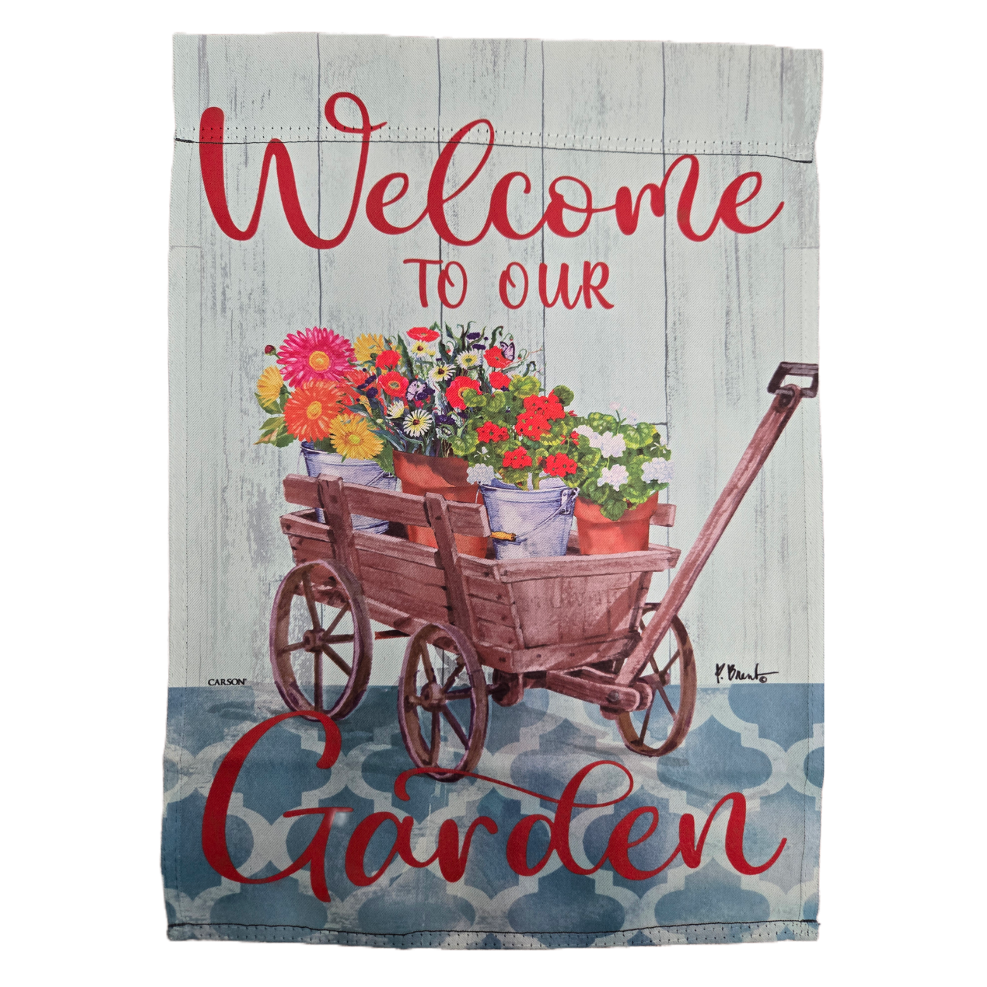 Decorative garden flag with a wooden cart full of flowers and 'Welcome to our Garden' text on a wooden background.