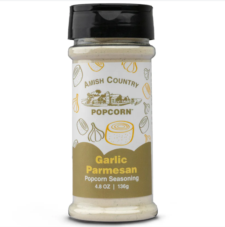 Amish Country Popcorn Garlic Parmesan seasoning shaker on a white background