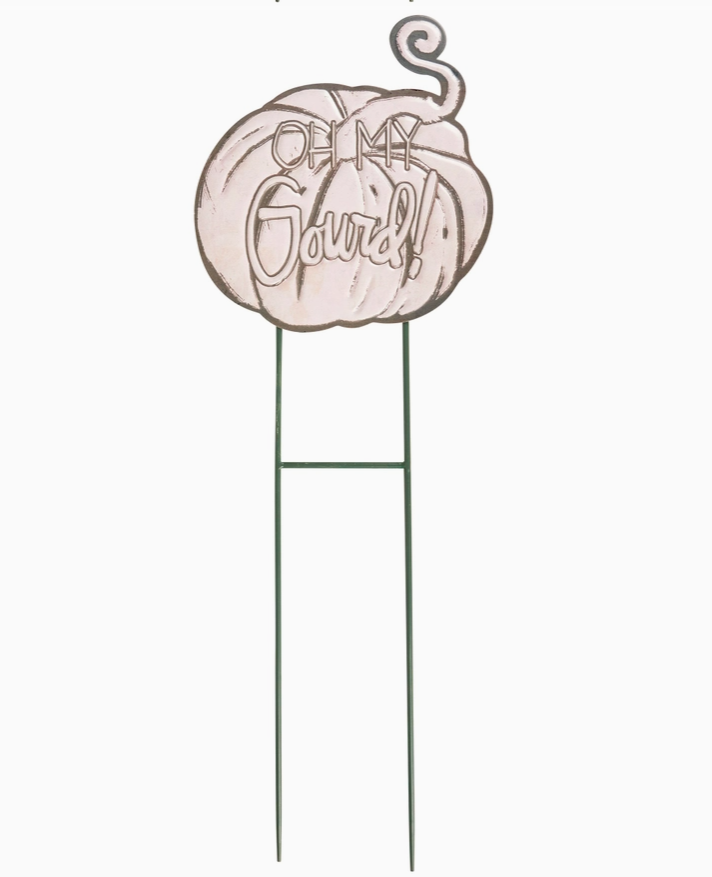 Metal garden stake in a gourd design with the phrase "oh my gourd" on a white background.