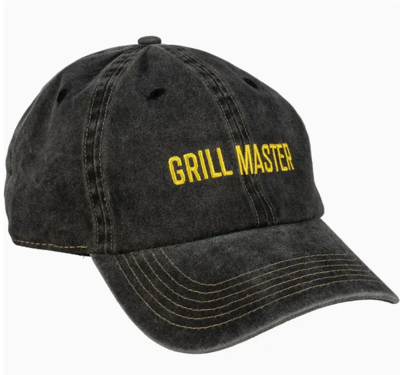 Charcoal gray baseball cap with the words "grill master" embroidered in yellow, on a white background.