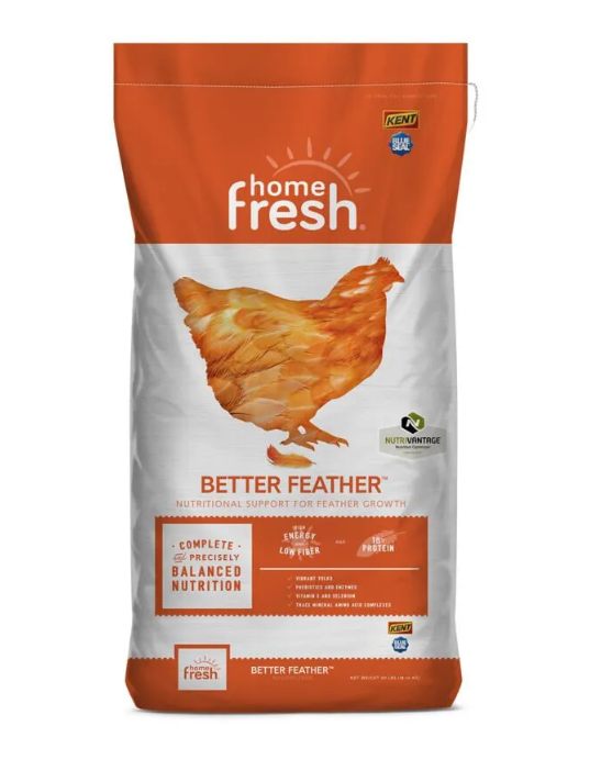 Home Fresh Better Feather chicken feed packaging with image of a chicken on an orange background.