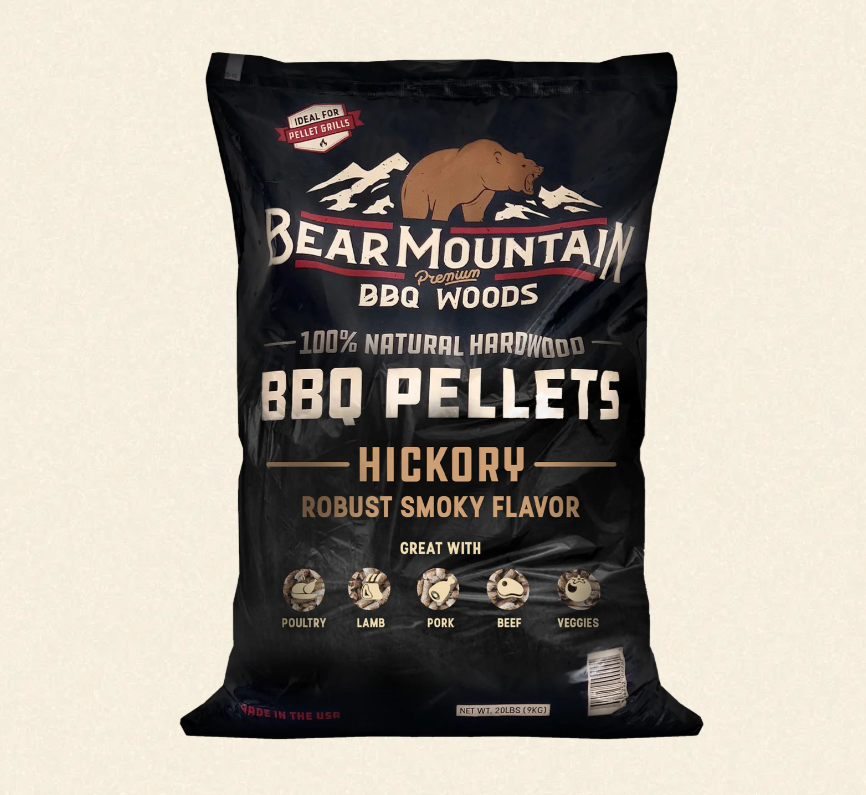 Bag of Bear Mountain BBQ Woods BBQ Pellets on a beige background