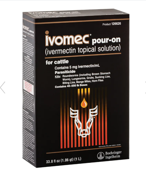 Box of Ivomec Pour-On cattle dewormer on a white background.