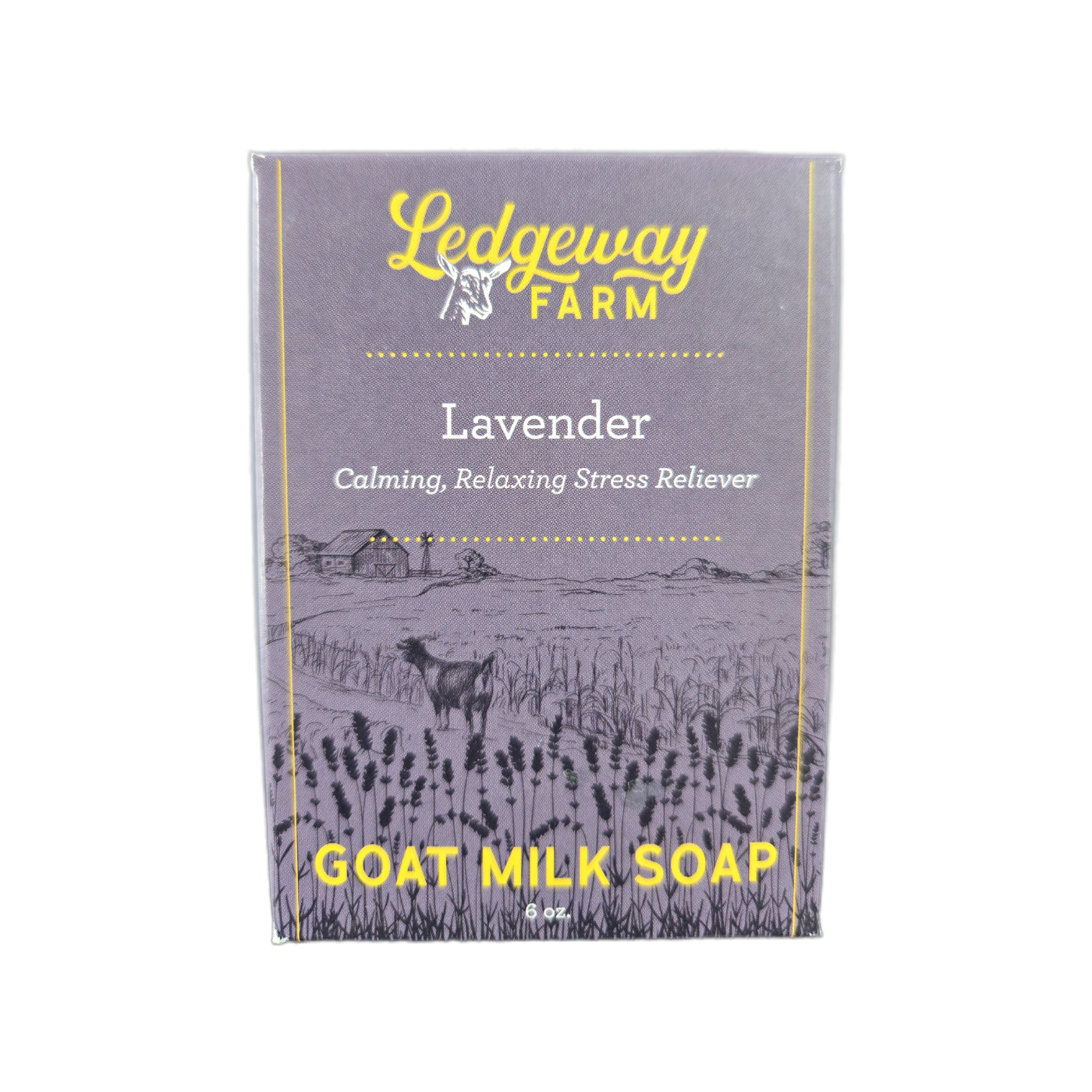 Ledgeway Farm lavender goat milk soap packaging on a white background