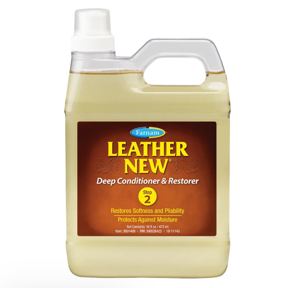 Bottle of Leather New deep conditioner & restorer on a white background.