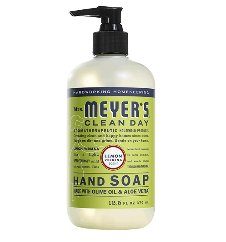 Bottle of Mrs. Meyers Lemon Verbena scented hand soap on a white background.