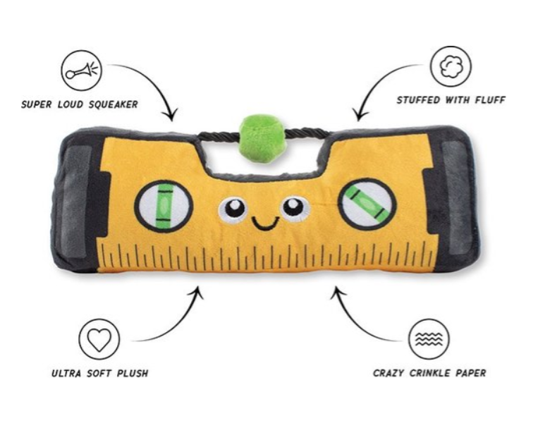 Toy with level design featuring a smiley face, labeled with features like super loud squeaker, stuffed with fluff, ultra soft plush, and crazy crinkle paper.