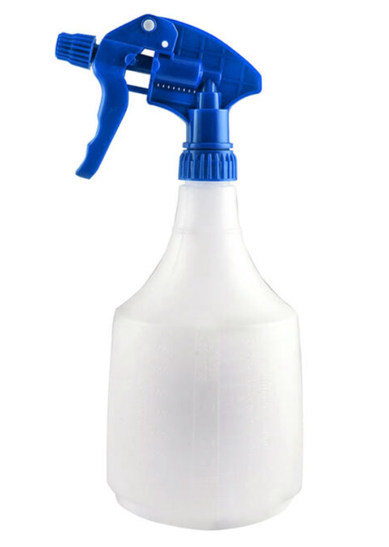 White spray bottle with blue nozzle on a white background