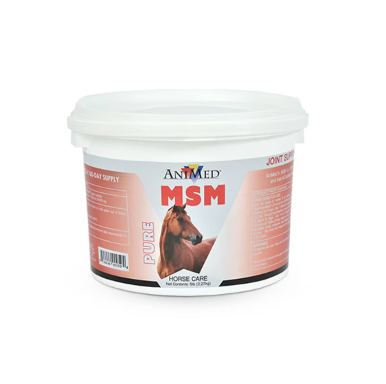 Container of Antimed MSM for horse care on a white background