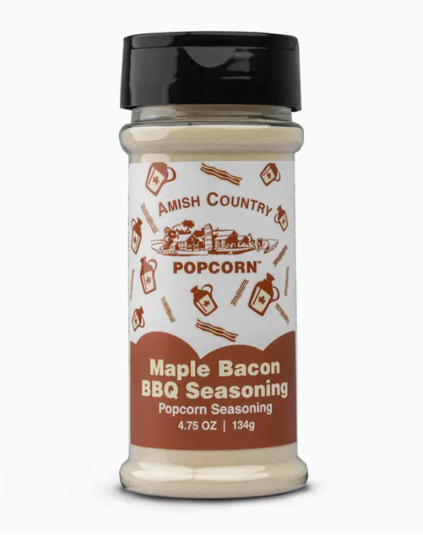 Amish Country Popcorn Maple Bacon BBQ Seasoning bottle on a white background