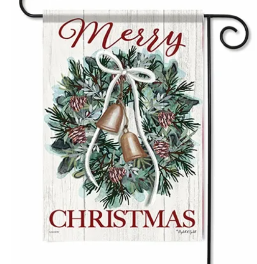 Christmas-themed garden flag with wreath and bells design on a white background