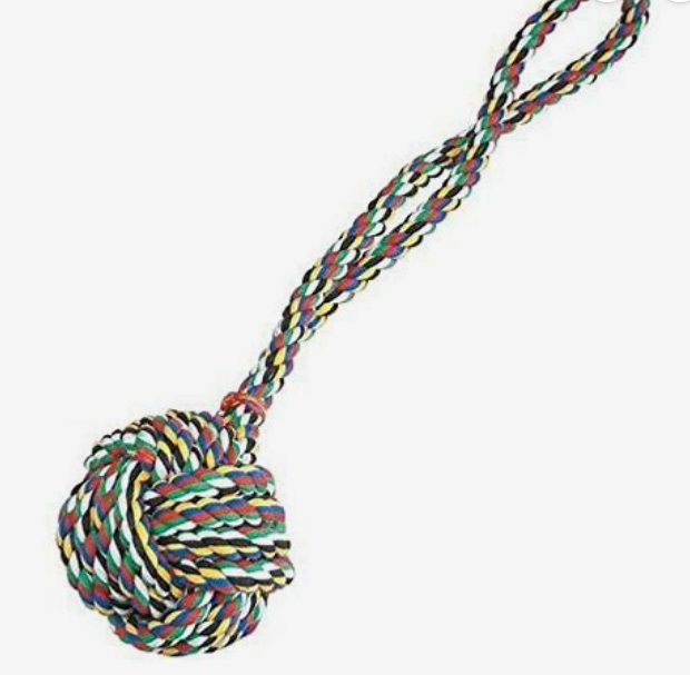 Colorful rope ball toy on a white background