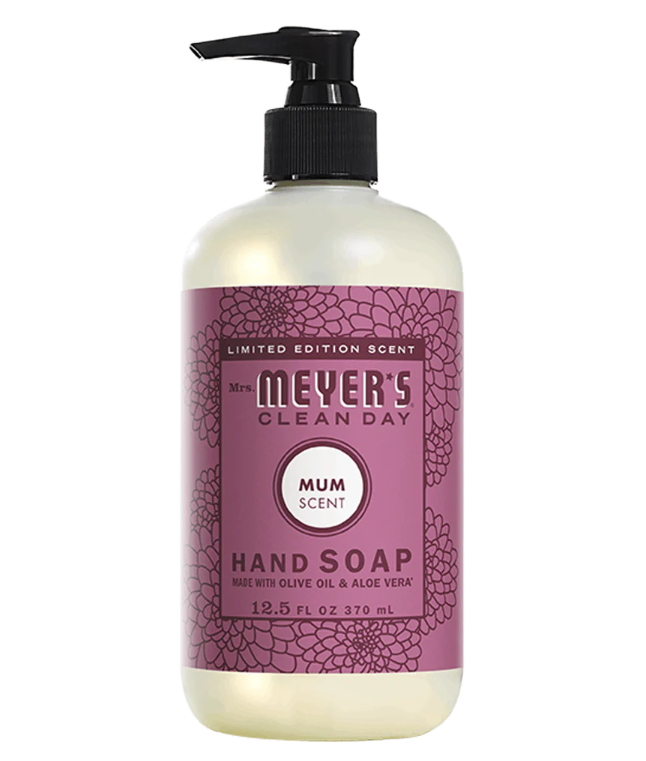 Bottle of Mrs. Meyers Mum scented liquid hand soap on a white background.
