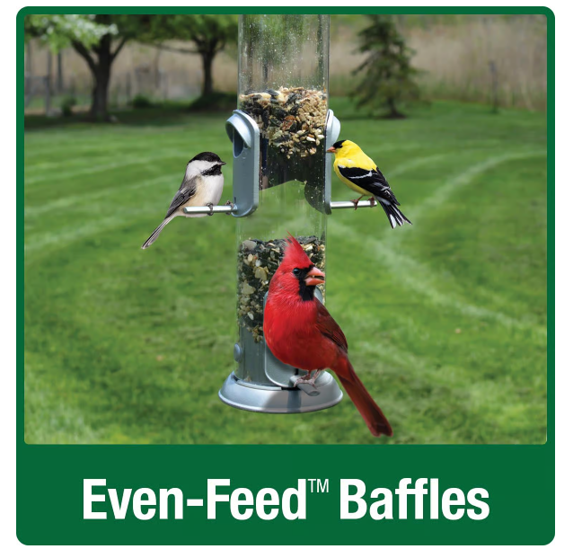 Bird feeder with multiple birds on a grassy background, featuring 'Even-Feed Baffles' text.